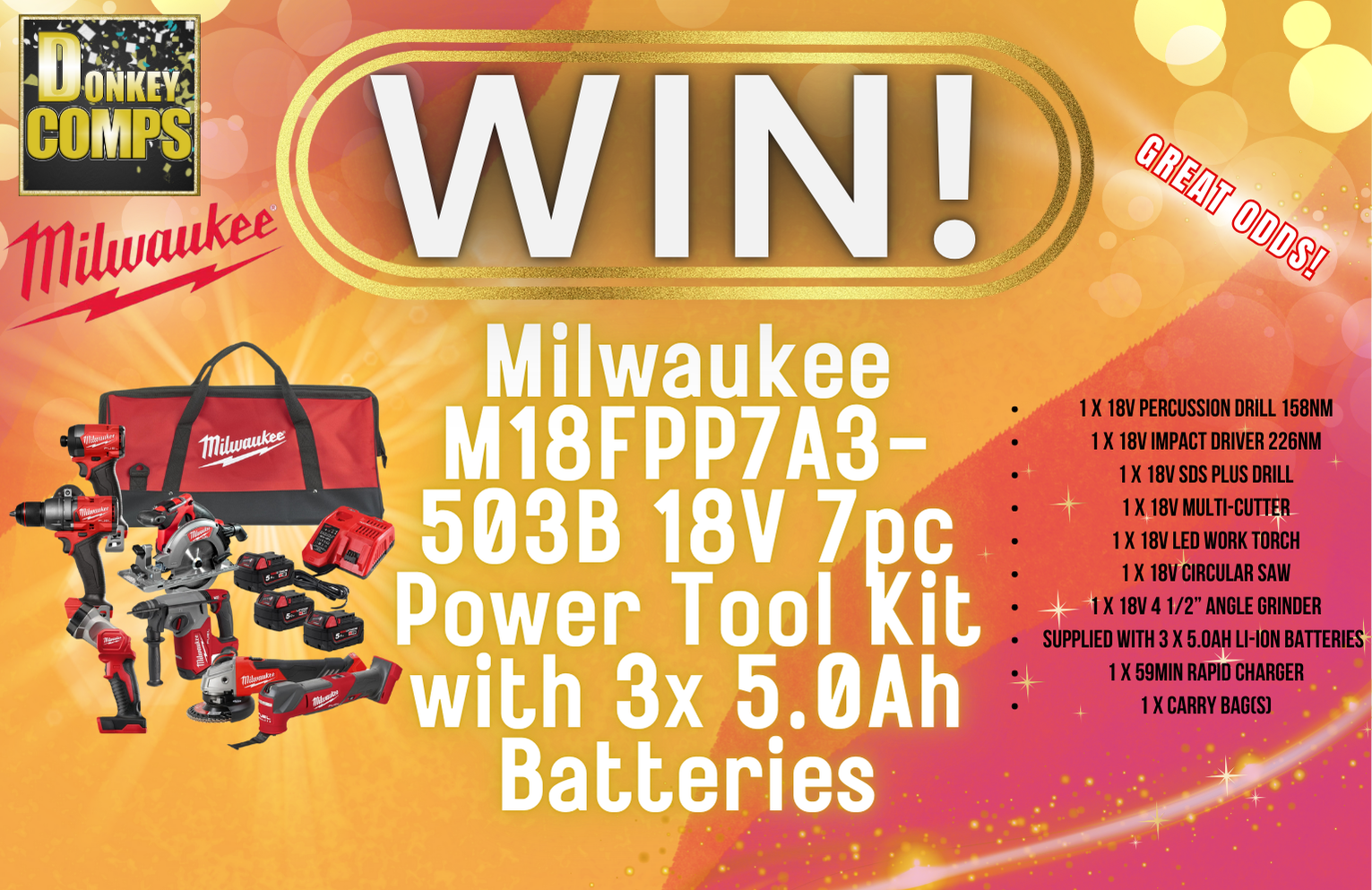 (DRAWN 12/02/2025) WIN! – Milwaukee M18FPP7A3-503B 18V 7pc Power Tool Kit with 3x 5.0Ah Batteries