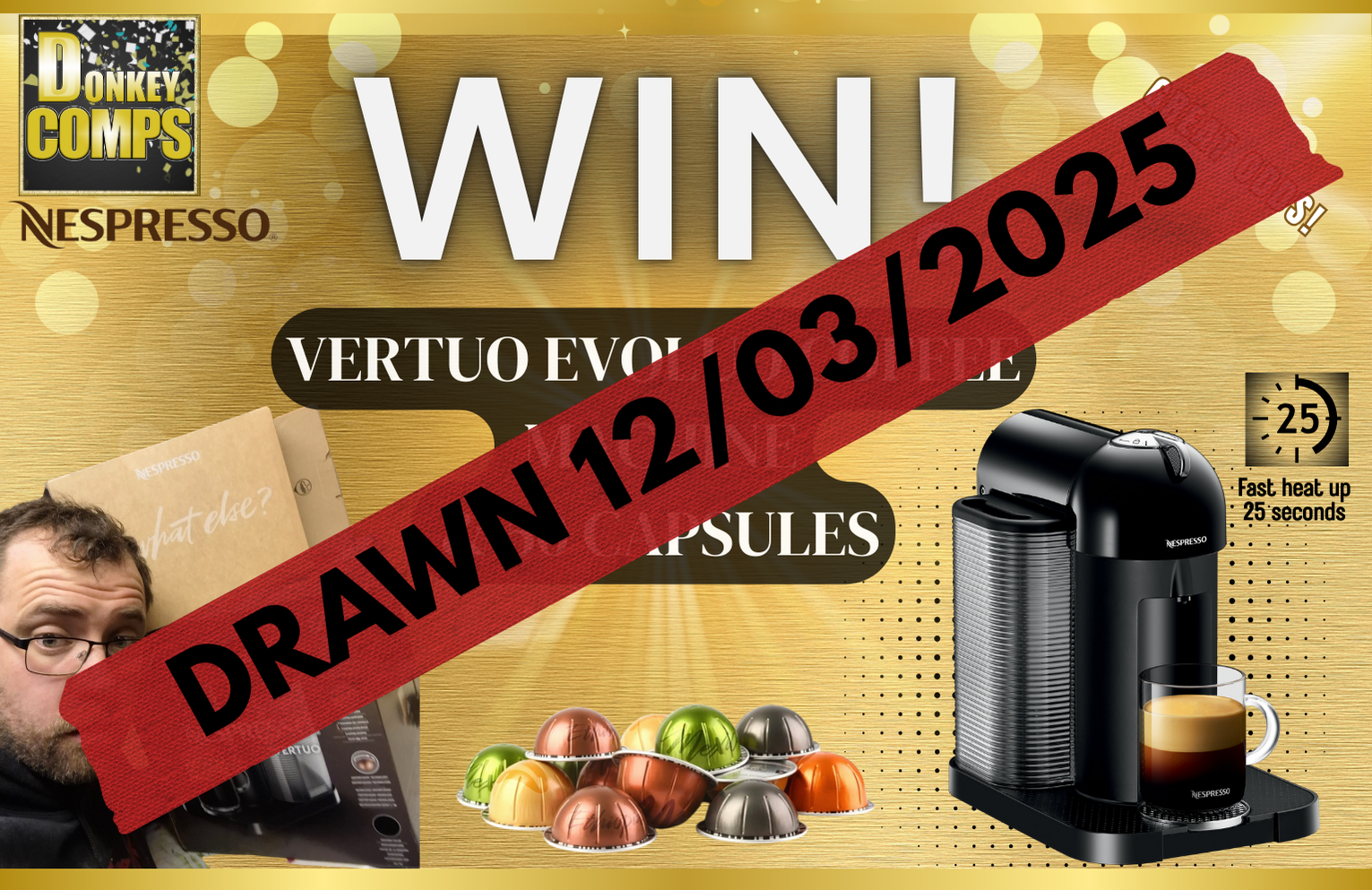 (DRAWN 12/03/2025) WIN! Vertuo Evoluo Coffee Machine Black & 50 capsules